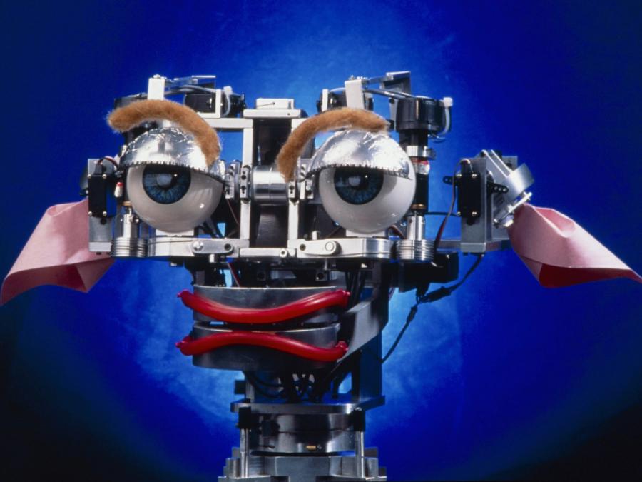 Close-up of the robot's face. It's lips and eyes are contorted in a way that mimics disgust.