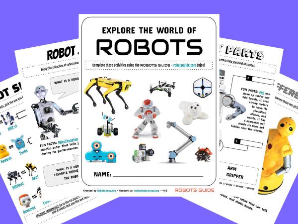 Pages spread out showing robot activity sheets on a purple background.