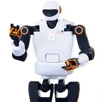 A humanoid with a shiny white torso, white and black helmeted head, and two jointed arms with copper colored gripper hands. It has two wide black legs.