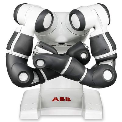 A dextrous two-armed collaborative robot with a white torso. It's two powerful arms are folded in front of each other. Red letters on the base say ABB.