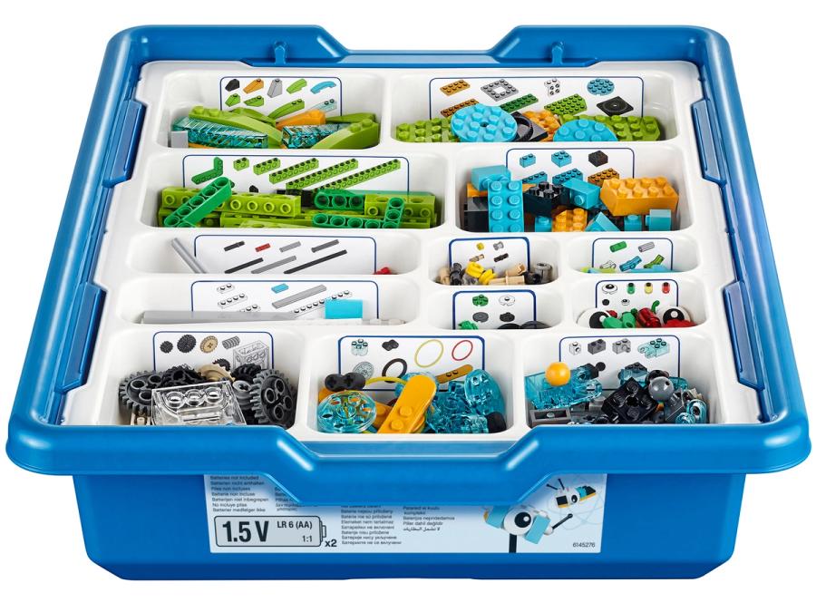 A blue bin with an organized collection of Lego components.