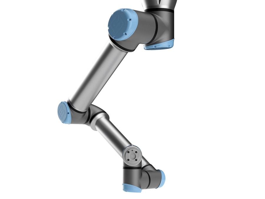 A nimble grey and blue 6-axis articulated robotic arm extends from the top of the frame downwards.