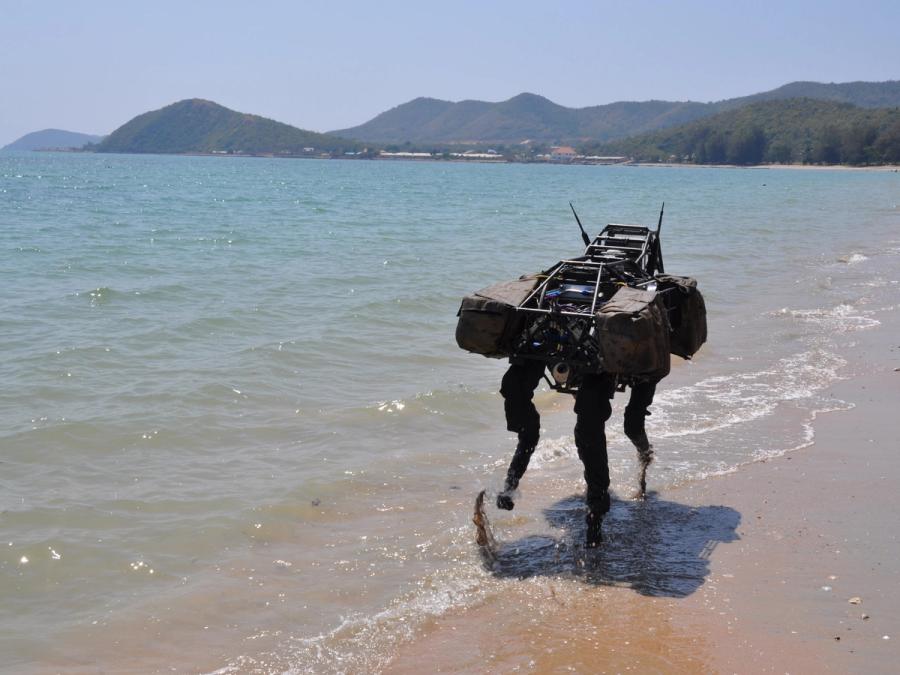 A quadruped robot walks at the edge of water.