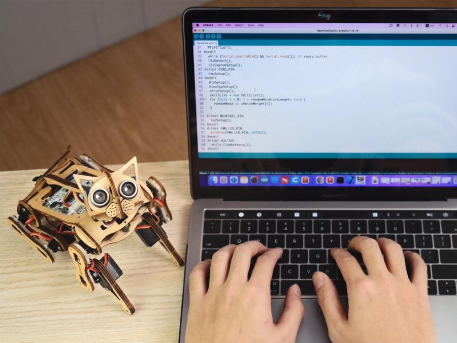 A big-eyed robotic cat stares at the camera in front of hands coding on a laptop.