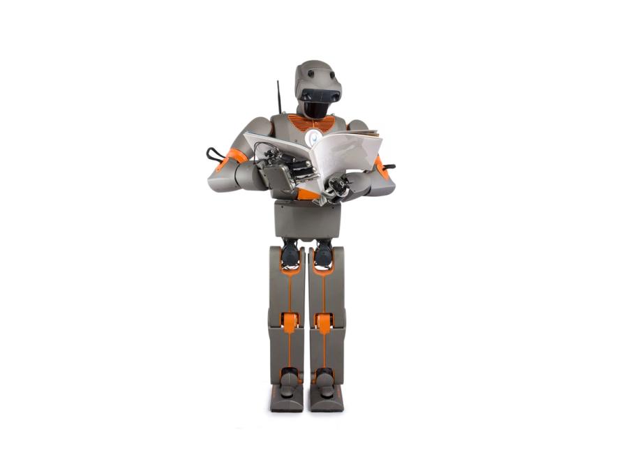 A grey and orange humanoid stands and reads a periodical.