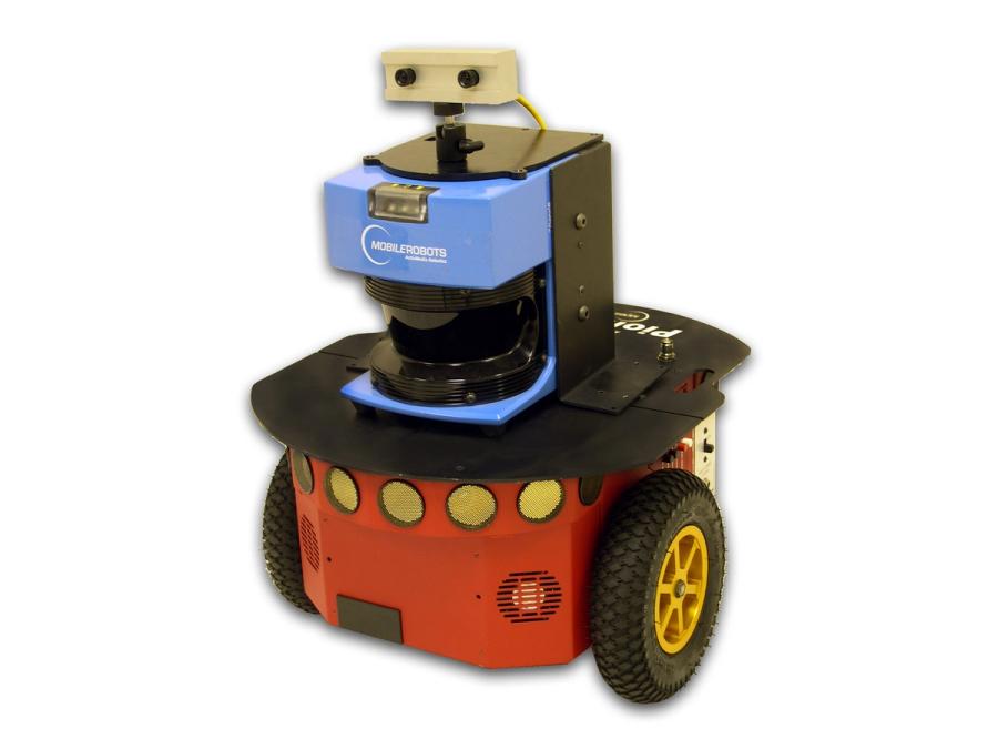 Another configuration of the robot shows it with two wheels, red base, blue equipment, and a horizontal bar with cameras on top.