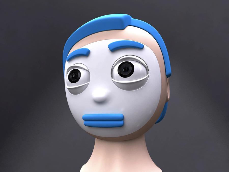 An image of the robot with blue lips, eyebrows and hair.