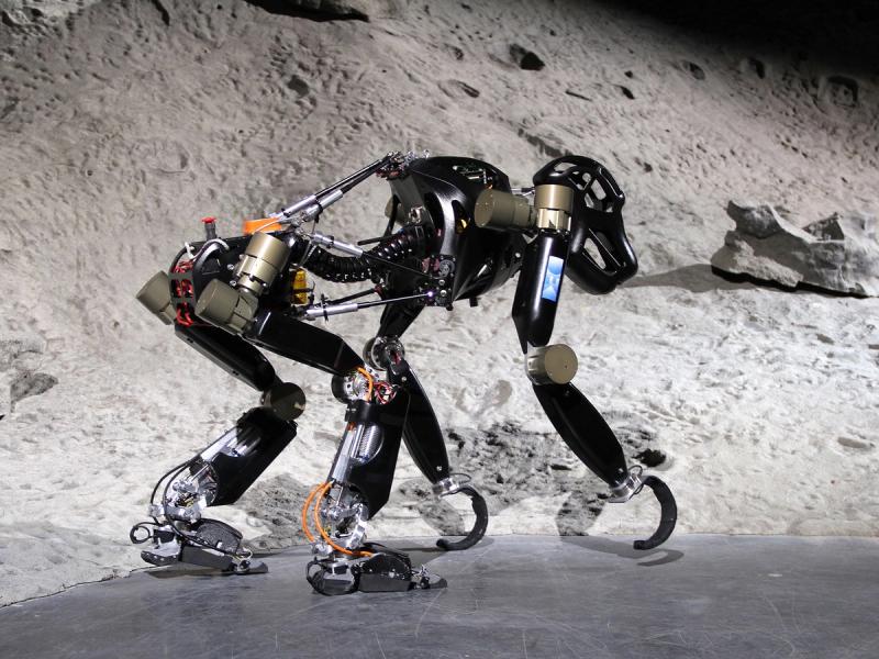A robot in with two legs and hooked arms bends over in a moon-like environment to be in quadruped form. 
