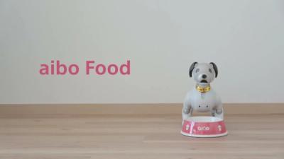 A white robotic dog with brown ears and a golden collar stands in front of a dog bowl, and in the background pink words read Aibo Food.