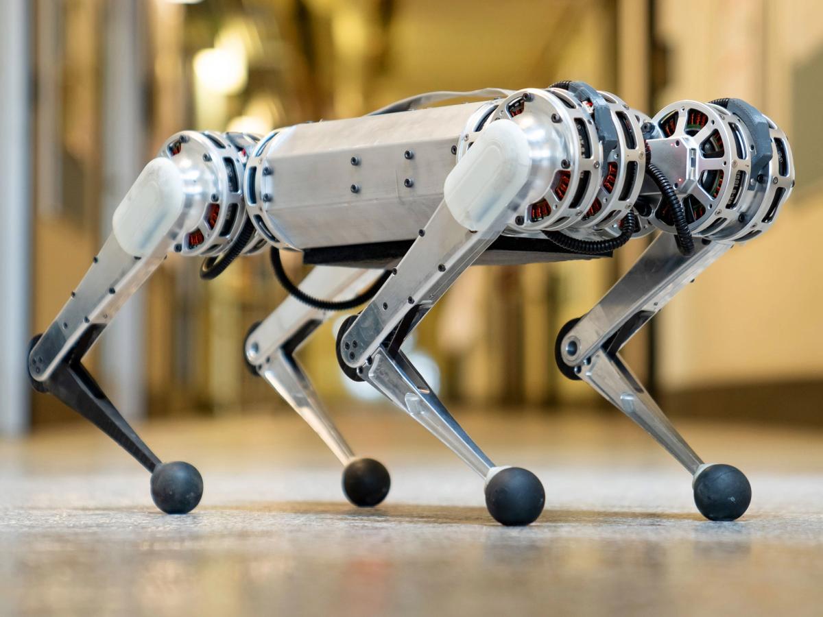 A silver four legged robot with balled feet and jointed legs.