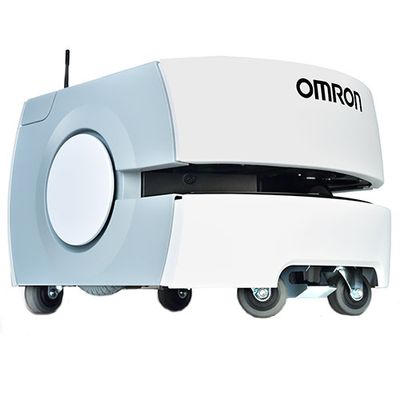 A white mobile robot with four small wheels. 
