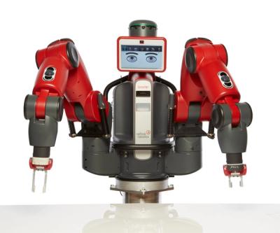 Two images show a large red and black robot with two industrial arms with grippers, and a display for a face and then the same image with its torso full of electronics exposed.