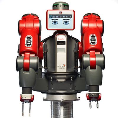 Baxter, a large red and black robot with two industrial arms with grippers, and a display for a face.