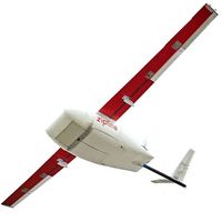 A fixed wing drone with a white body and red wings on a white background.