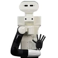 A simple white humanoid with a black arm and five digit hand opened in front of its torso.