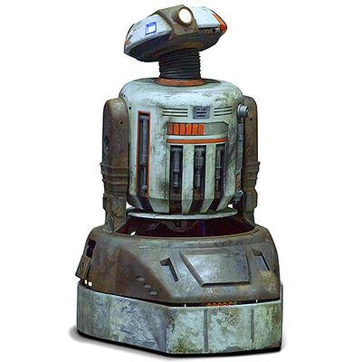 A robot with a beat up looking metallic base and torso, two arms, a neck and a head shaped like the top of circle.