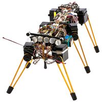 一个六足机器人，腿上垫着黄色衬垫，身体呈长方形，里面装满了电线和电子设备。