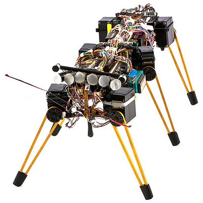 A hexapod robot with padded yellow legs and a rectangular body full of wires and electronics.