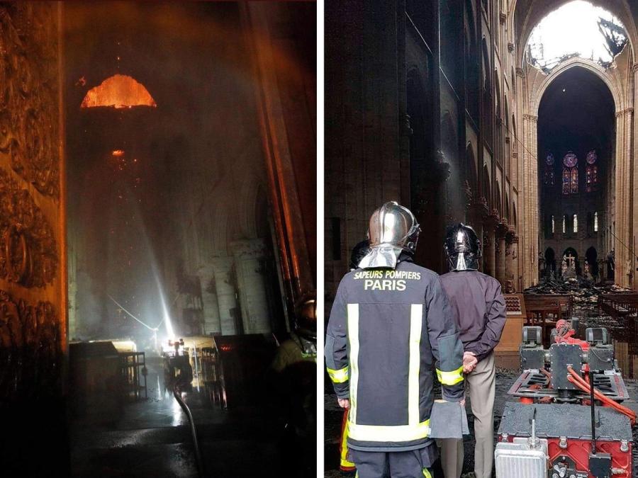 Two photos show the robot inside a burning cathedral.