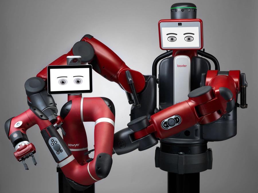 Two red robots stand together. One has one red industrial arm, and the other is larger with two arms.
