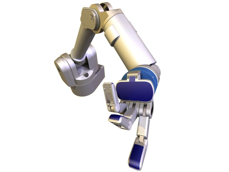 Close-up of a three fingered hand attached to an articulated robotic arm against a white background.