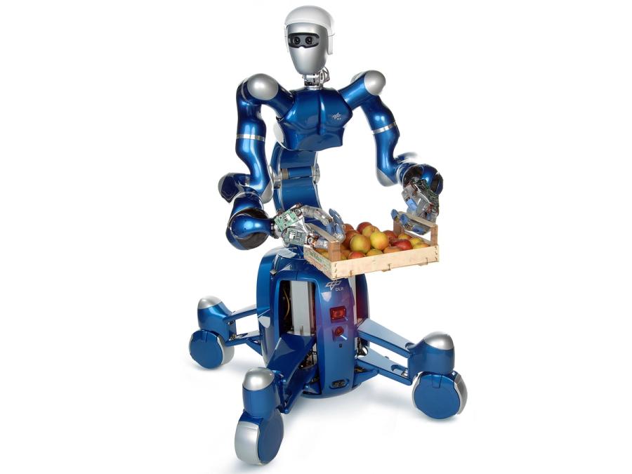 A shiny blue and silver humanoid with two long arms with silver hands and a four wheeled mobile base holds a tray of fruit.