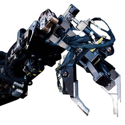 A complex looking 7-foot long robotic arm ending in a dextrous gripper.