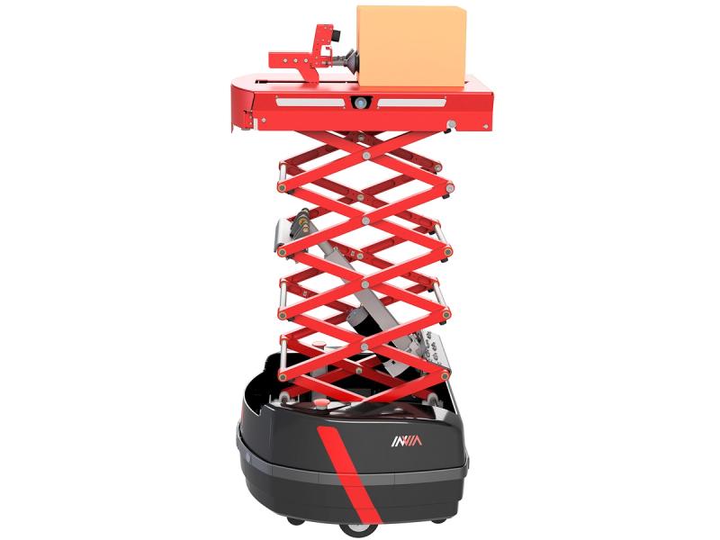 A wheeled black mobile base supports a red railed crane that is expanded upwards. At the top, a red base holds a brown package.