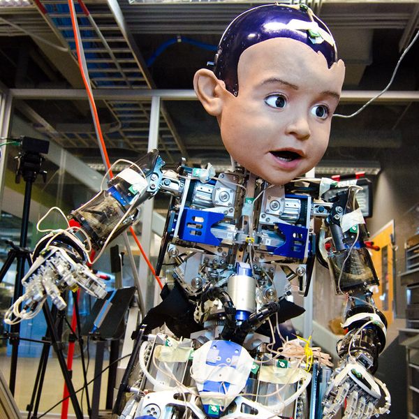 Baby robot Diego-san, with a body of metal, motors, and wires, a large lifelike head, standing at robotics lab.