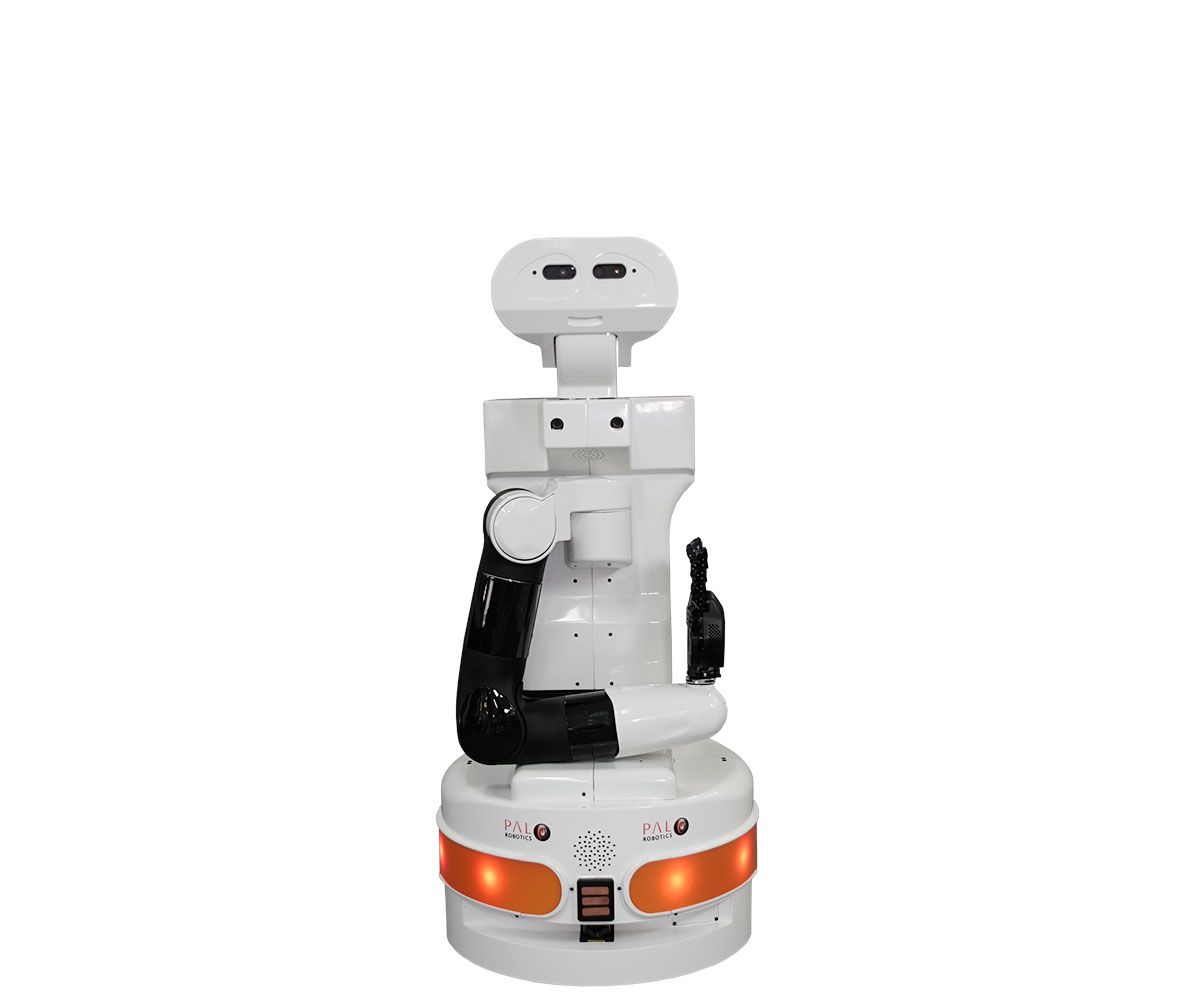A rotating view a mobile robot on a wheeled base, with an accordion torso that goes up and down, a white face with two camera eyes, and a single industrial arm which has a five finger hand on the end. 
