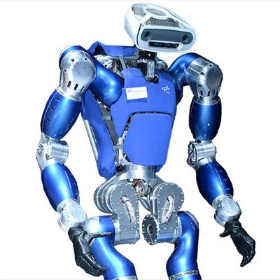 A shiny blue and silver humanoid with powerful arms, black hands, and a cute rounded rectangular face with cameras and sensors.
