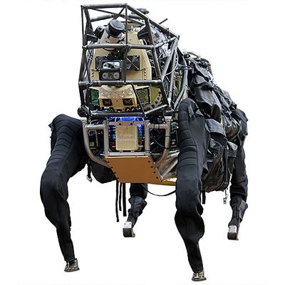 A very large black quadruped robot on a white background.