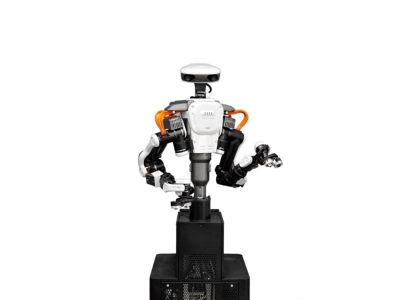 A two-armed robot with a white, gray, orange body.
