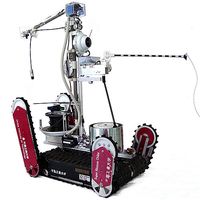 A mobile robot with a black base and four rotating tracked flipper wheels. The base holds electronics, and a single arm extends upwards and holds camera and other equipment.