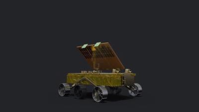 Computer render of the Pragyan rover, which has six wheels and a rectangular body with a tilted solar panel, set against a dark gray background.
