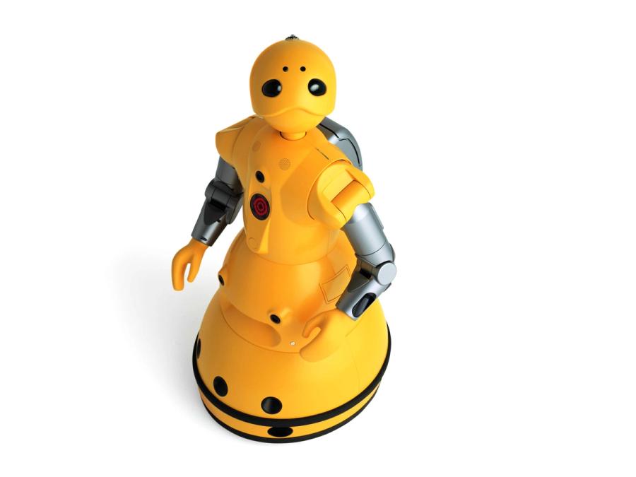 A cartoonish yellow robot with black eyes, arms, hands and a round flat base on a white background.