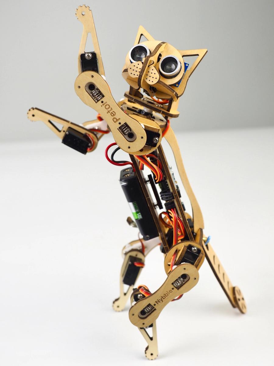 A robotic cat made of wood-cut parts, wires, and tech stands on two paws.