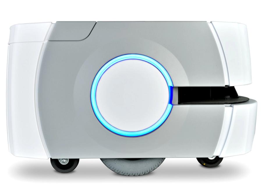 Sideview of the robot shows a white circle with a glowing blue outline, and an additional grey wheel.