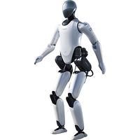 A white and black bipedal humanoid with a helmeted head poses in a balanced position.