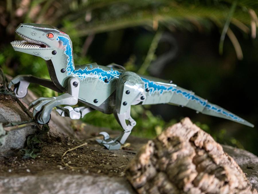 A model of the robot that looks like a dinosaur and has wheeled feet.