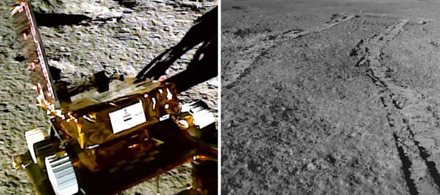 Two side by side images, the left showing the Pragyan rover on the moon, the right one its tracks on the lunar surface.