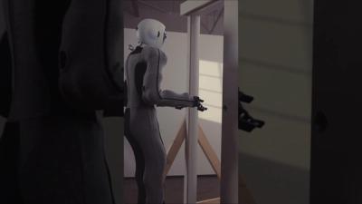 Humanoid robot EVE, with fabric covered body, opens a sliding door.