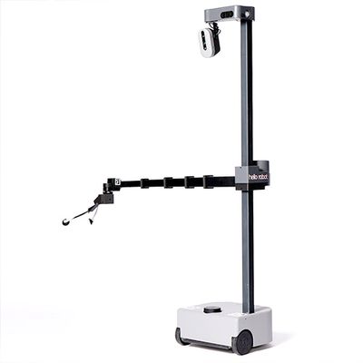 A mobile robot with a white base supporting a tall black narrow pole with a telescoping arm that can move up or down it. At the top is a small oval with cameras.