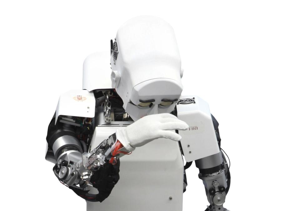 A white humanoid robot dramatically hangs its head against its raised hand.