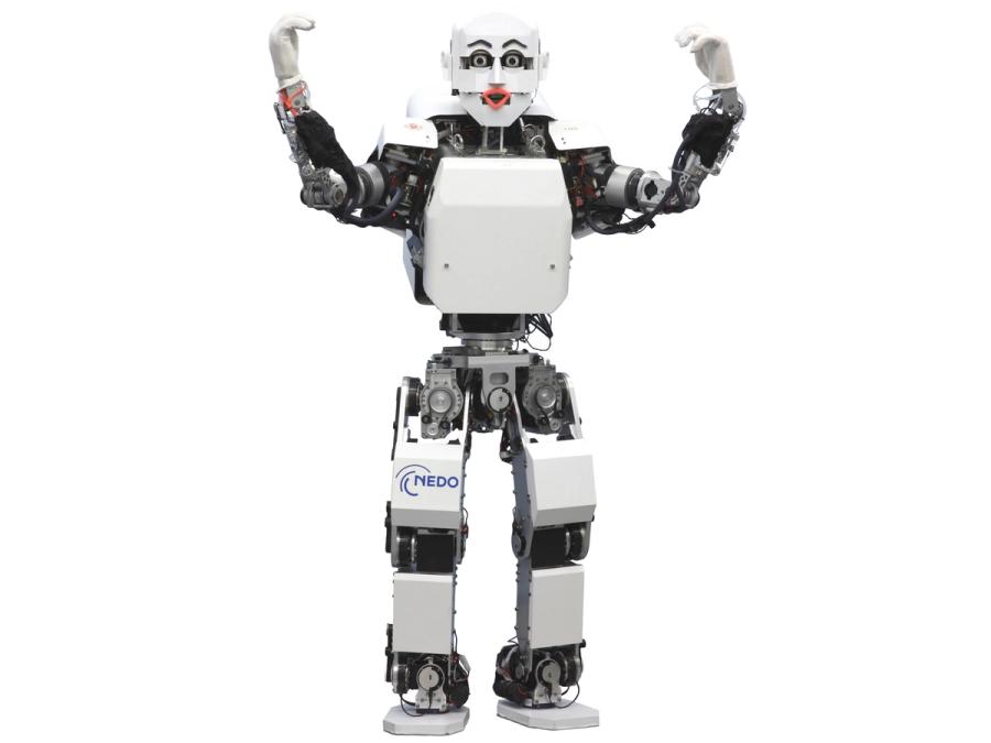 A white-shelled bipedal humanoid with an expressive face including pink lips, black eyebrows and eyeballs, controlled by motors.