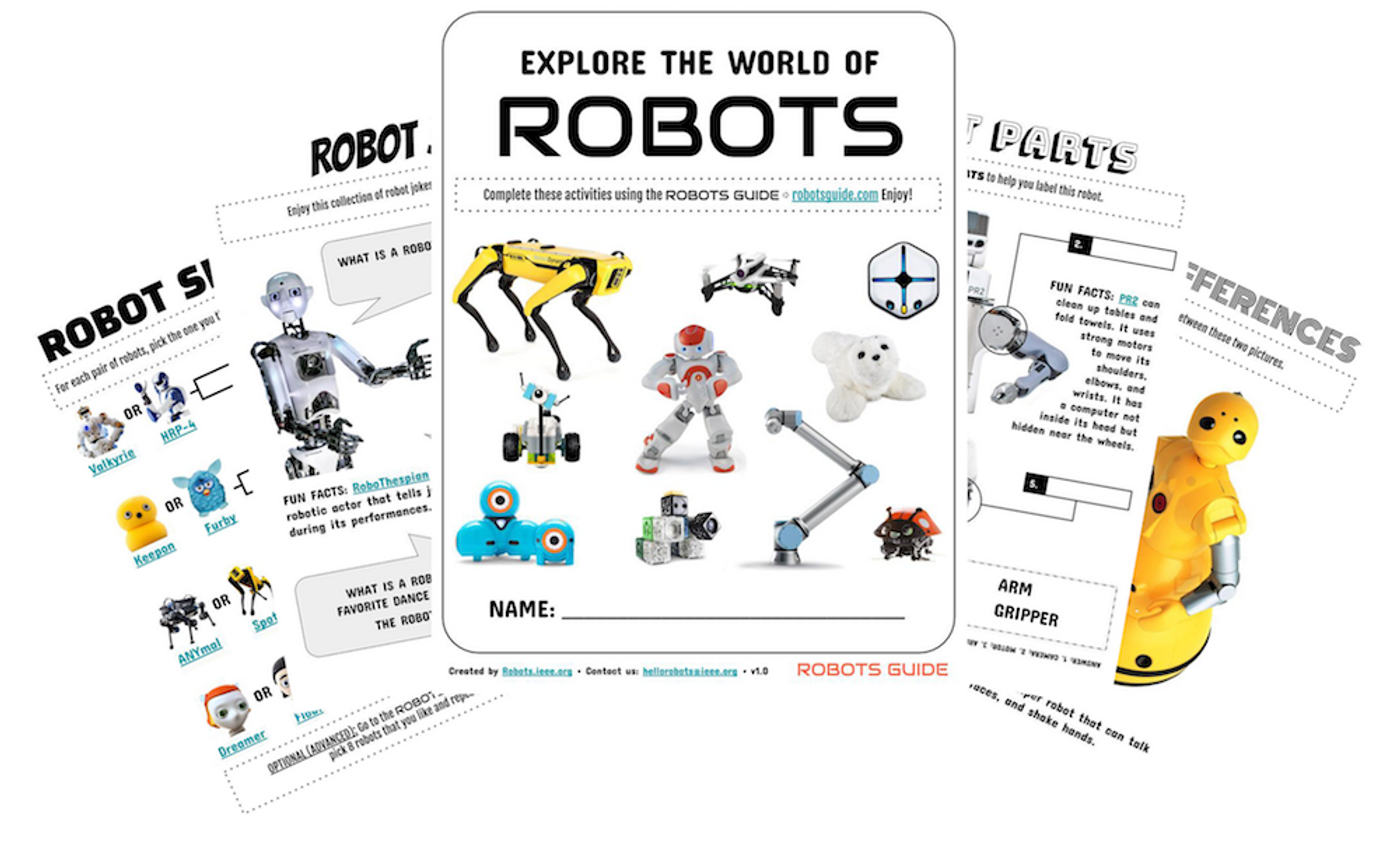 Pages spread out showing robot activity sheets.