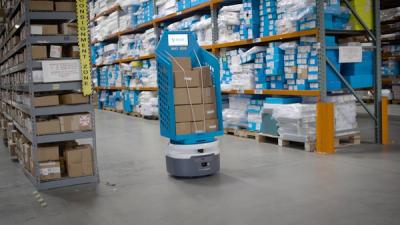 Fetch robots at a busy warehouse.
