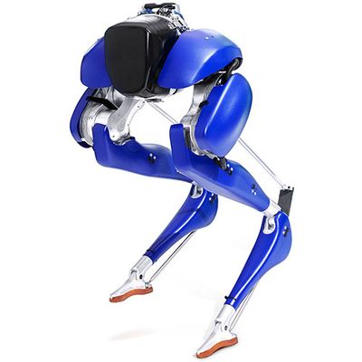 A robot consisting of two blue legs attached to a black base and foot pads.