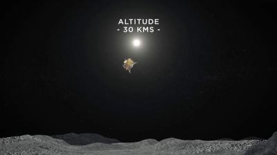 Computer render of the Vikram lander above the lunar surface, with the sun seen against a dark sky.