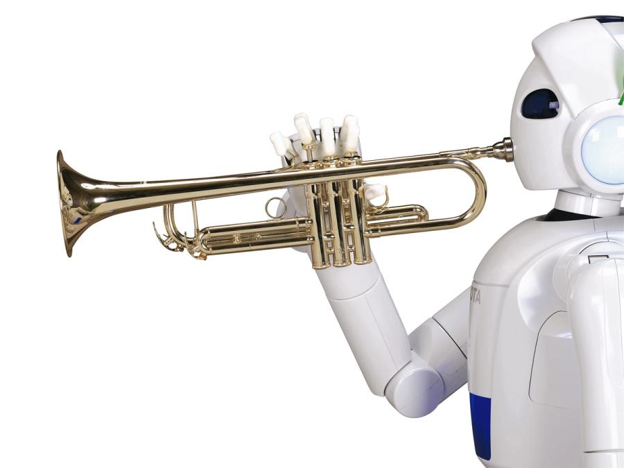 Side view of a cartoonish white humanoid robot blowing into a trumpet, which it plays with one hand.